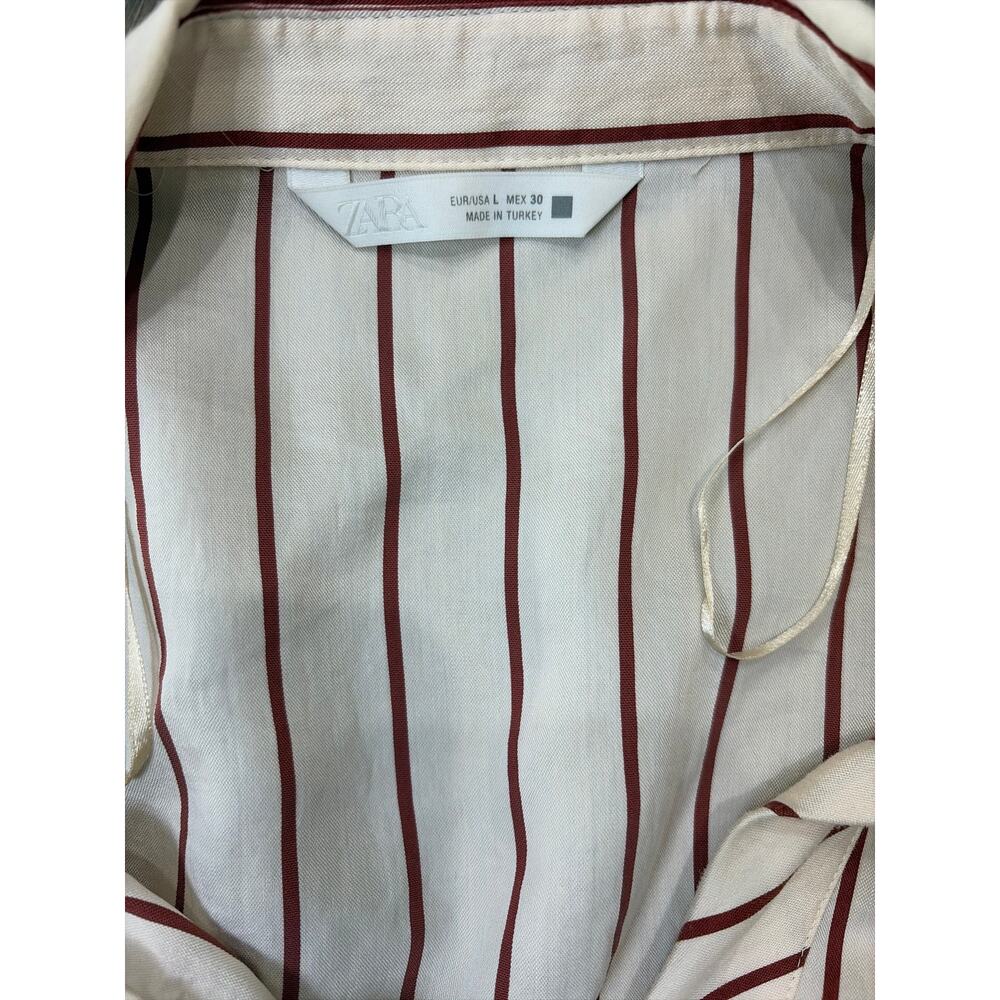 Zara Womens Shirt Dress Large Cream Maroon Striped Midi Button Front Collared - Picture 3 of 9